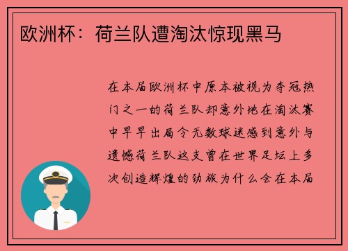 欧洲杯：荷兰队遭淘汰惊现黑马