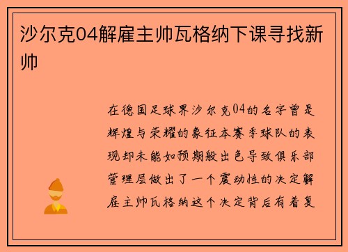 沙尔克04解雇主帅瓦格纳下课寻找新帅