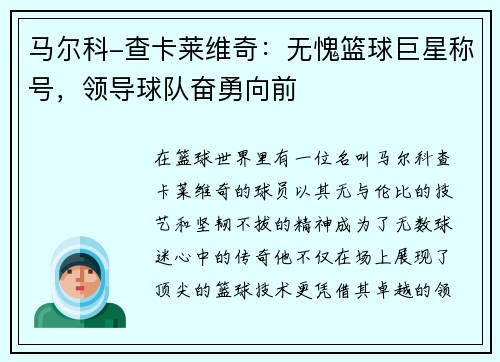 马尔科-查卡莱维奇：无愧篮球巨星称号，领导球队奋勇向前